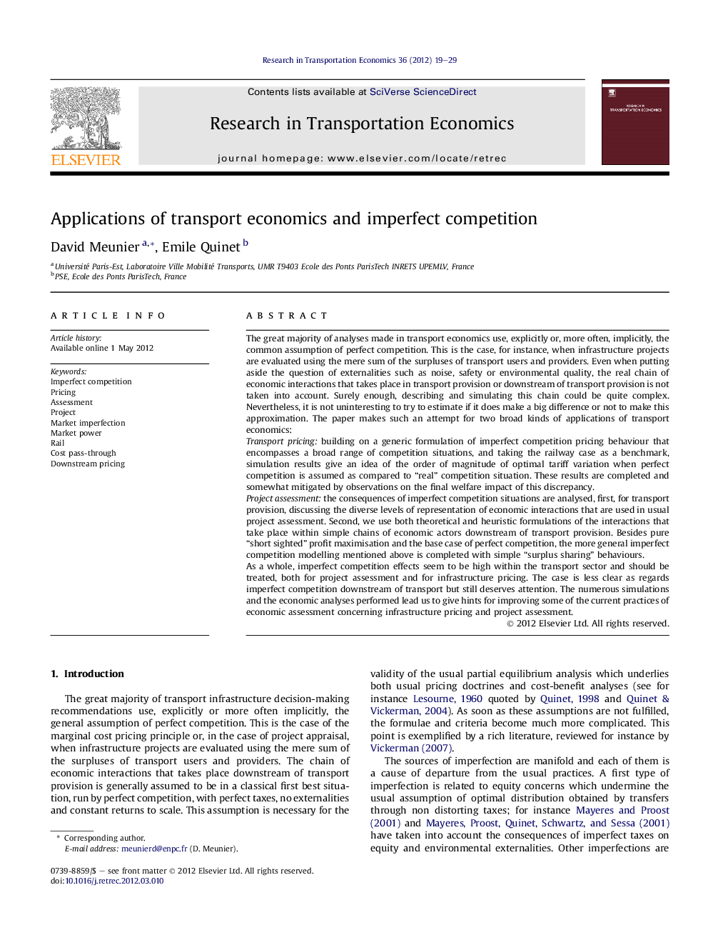 Applications of transport economics and imperfect competition