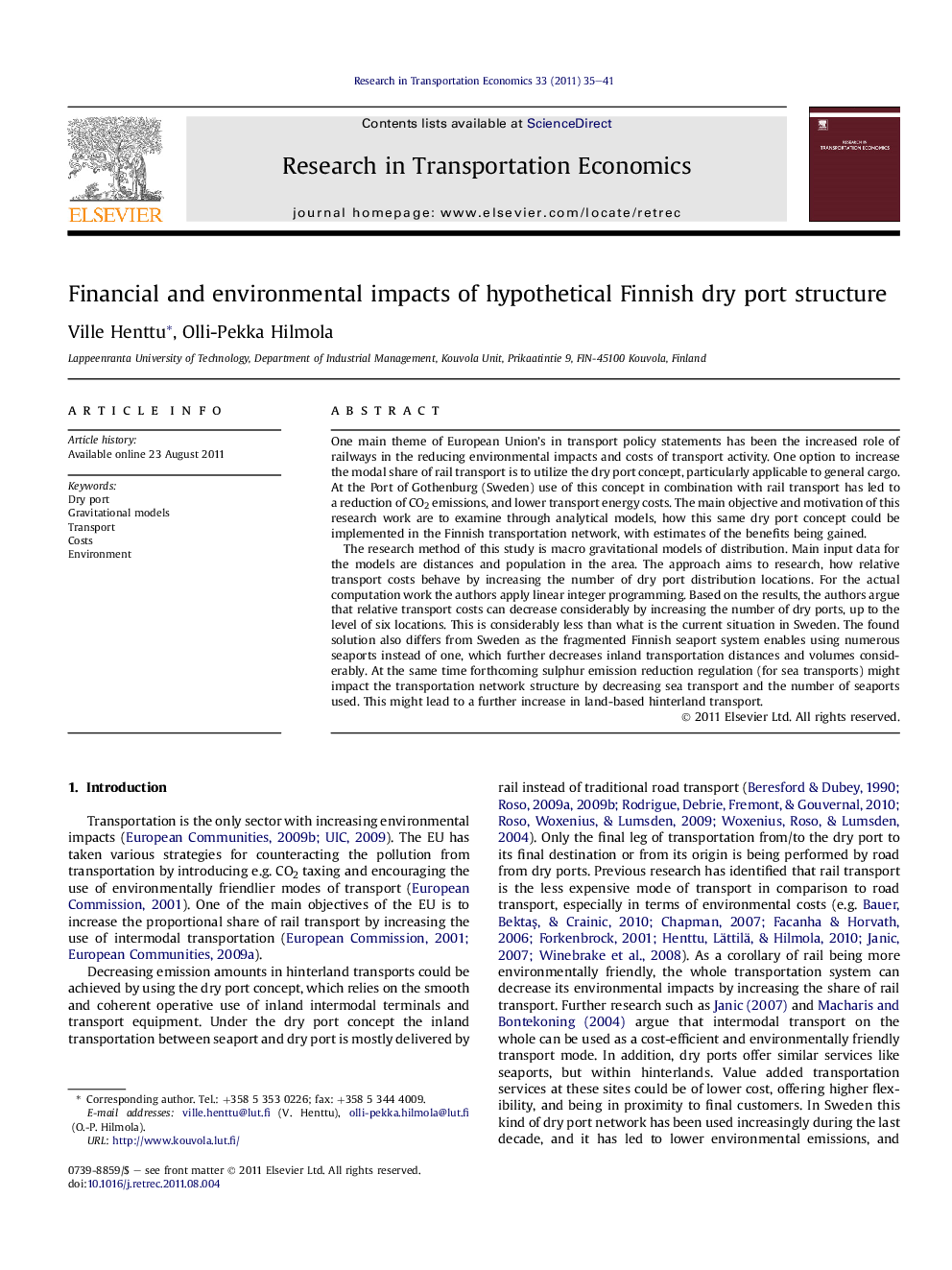 Financial and environmental impacts of hypothetical Finnish dry port structure