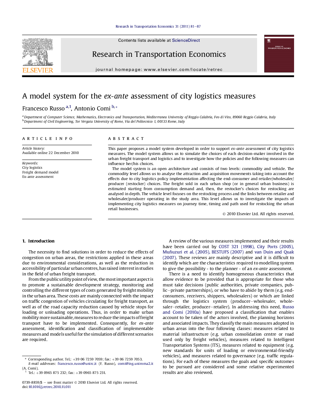 عکس صفحه اول مقاله: A model system for the ex-ante assessment of city logistics measures A model system for the ex-ante assessment of city logistics measures