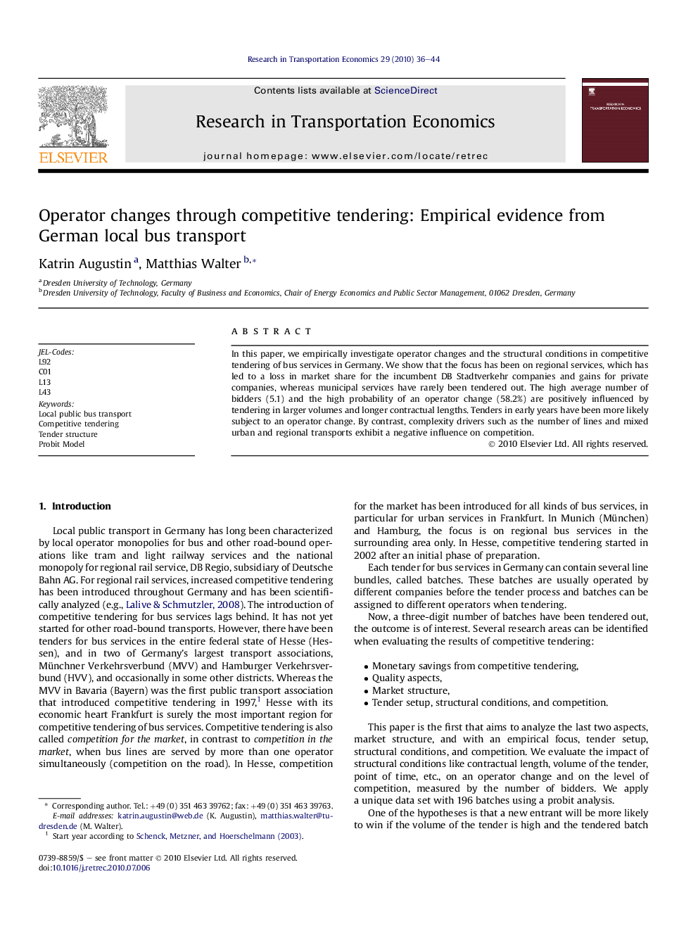 Operator changes through competitive tendering: Empirical evidence from German local bus transport