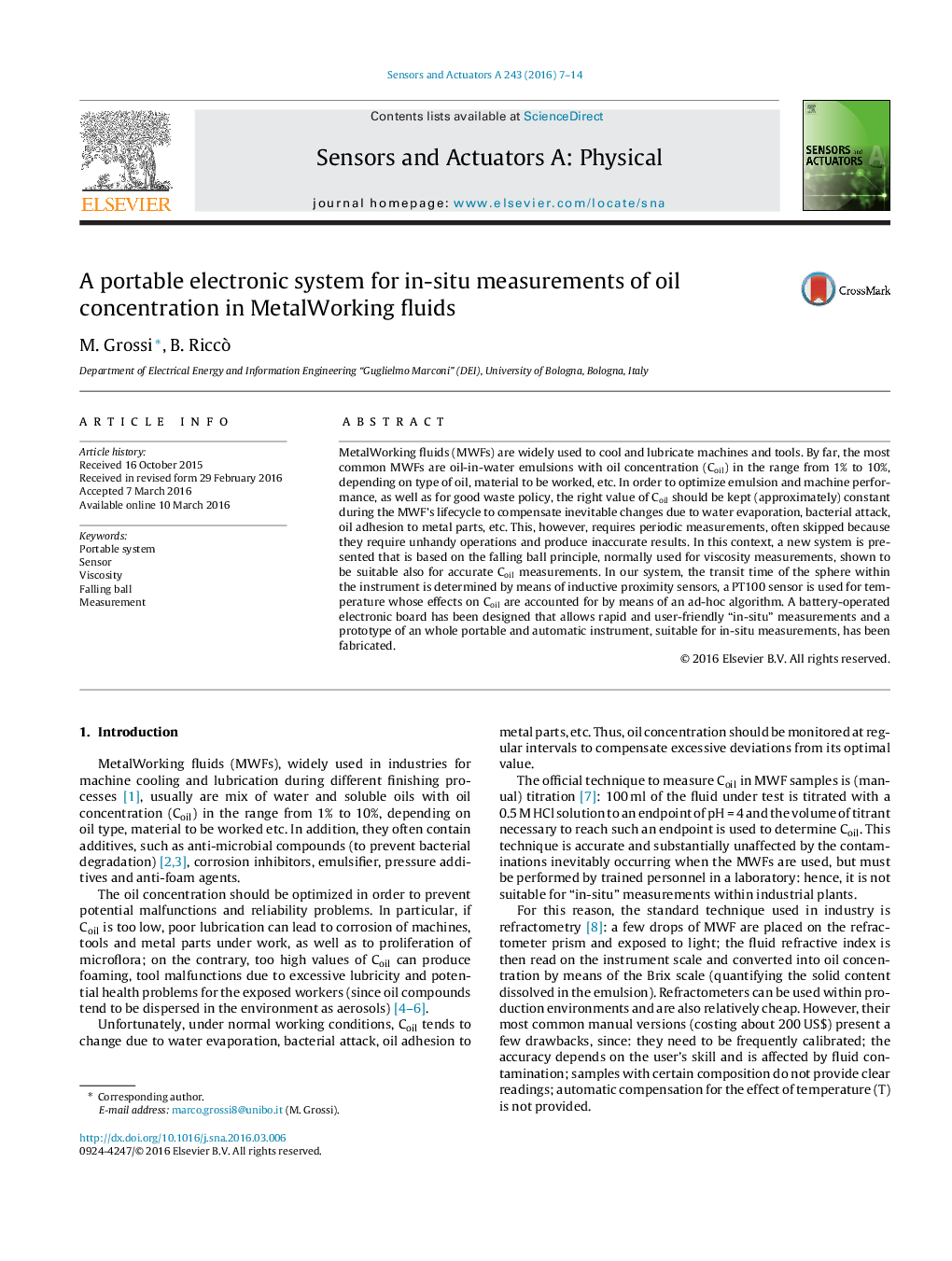 A portable electronic system for in-situ measurements of oil concentration in MetalWorking fluids