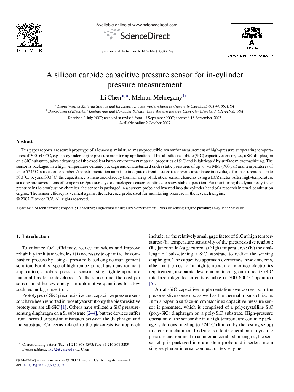 A silicon carbide capacitive pressure sensor for in-cylinder pressure measurement