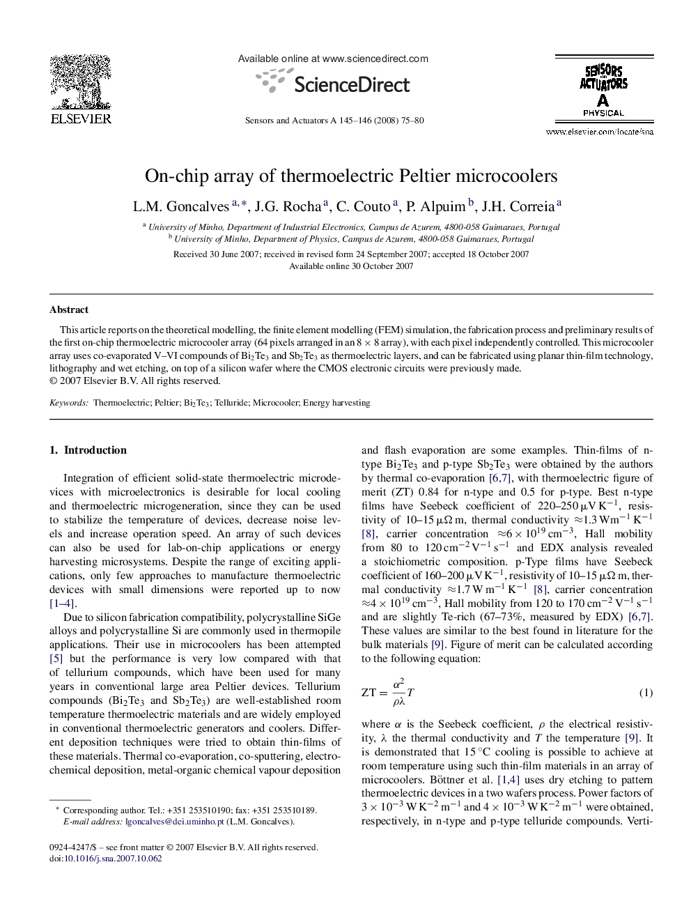 On-chip array of thermoelectric Peltier microcoolers