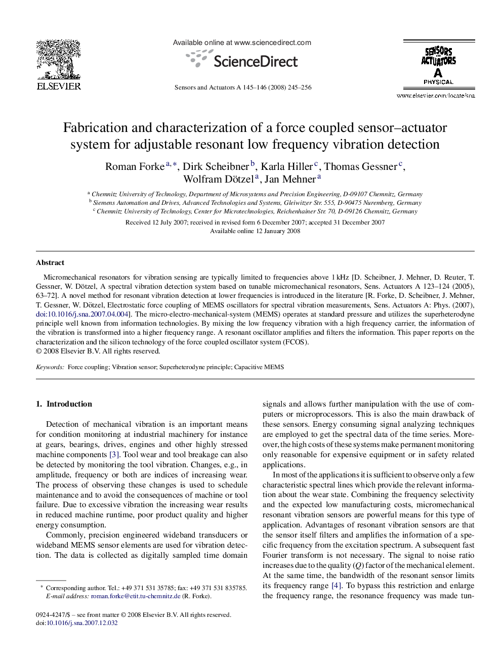 Fabrication and characterization of a force coupled sensor–actuator system for adjustable resonant low frequency vibration detection