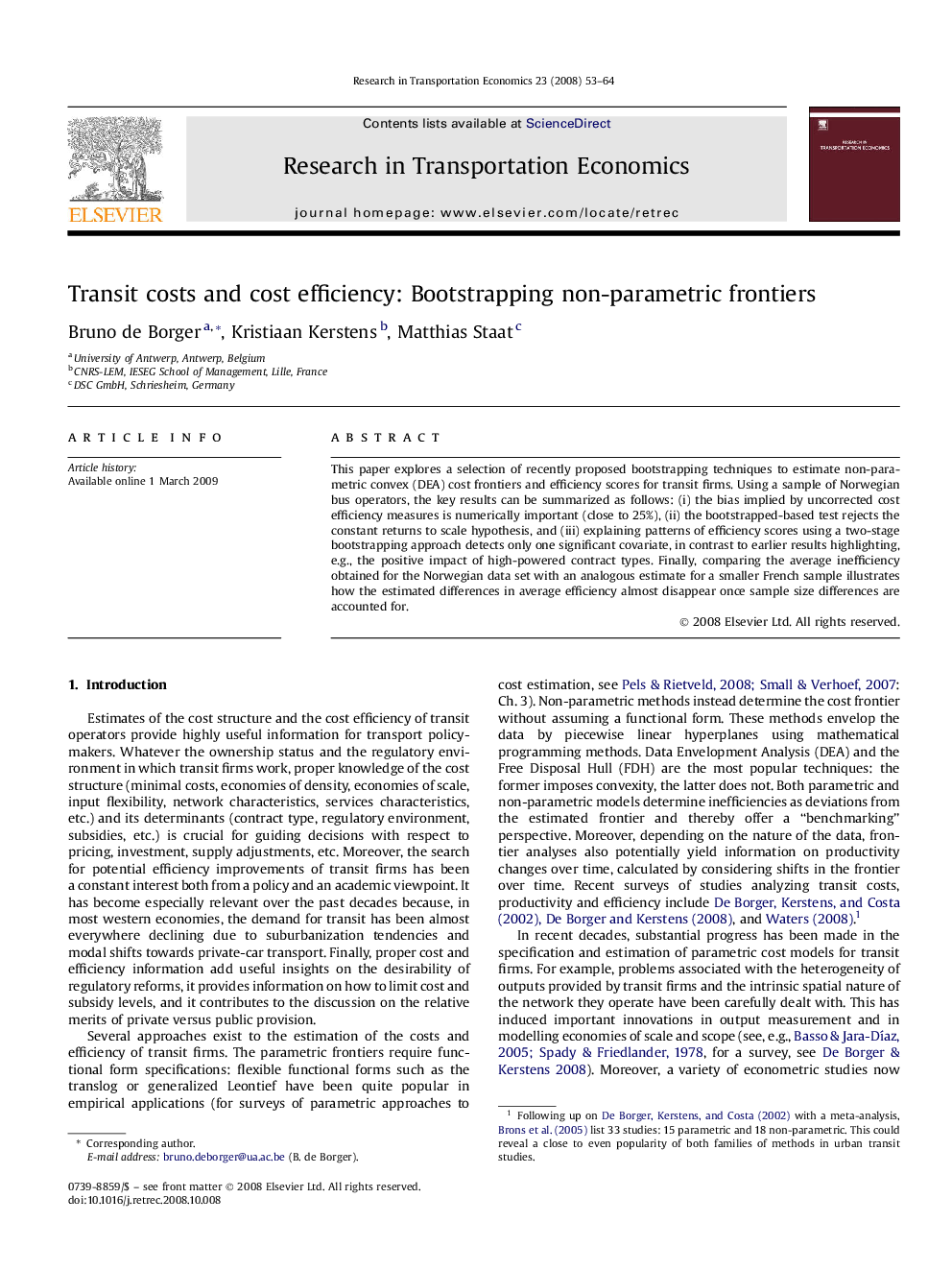عکس صفحه اول مقاله: Transit costs and cost efficiency: Bootstrapping non-parametric frontiers Transit costs and cost efficiency: Bootstrapping non-parametric frontiers