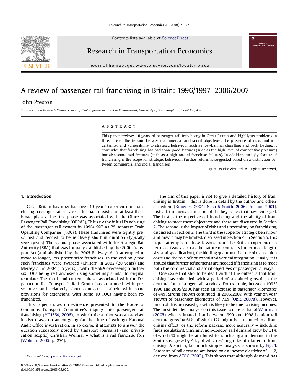 A review of passenger rail franchising in Britain: 1996/1997-2006/2007
