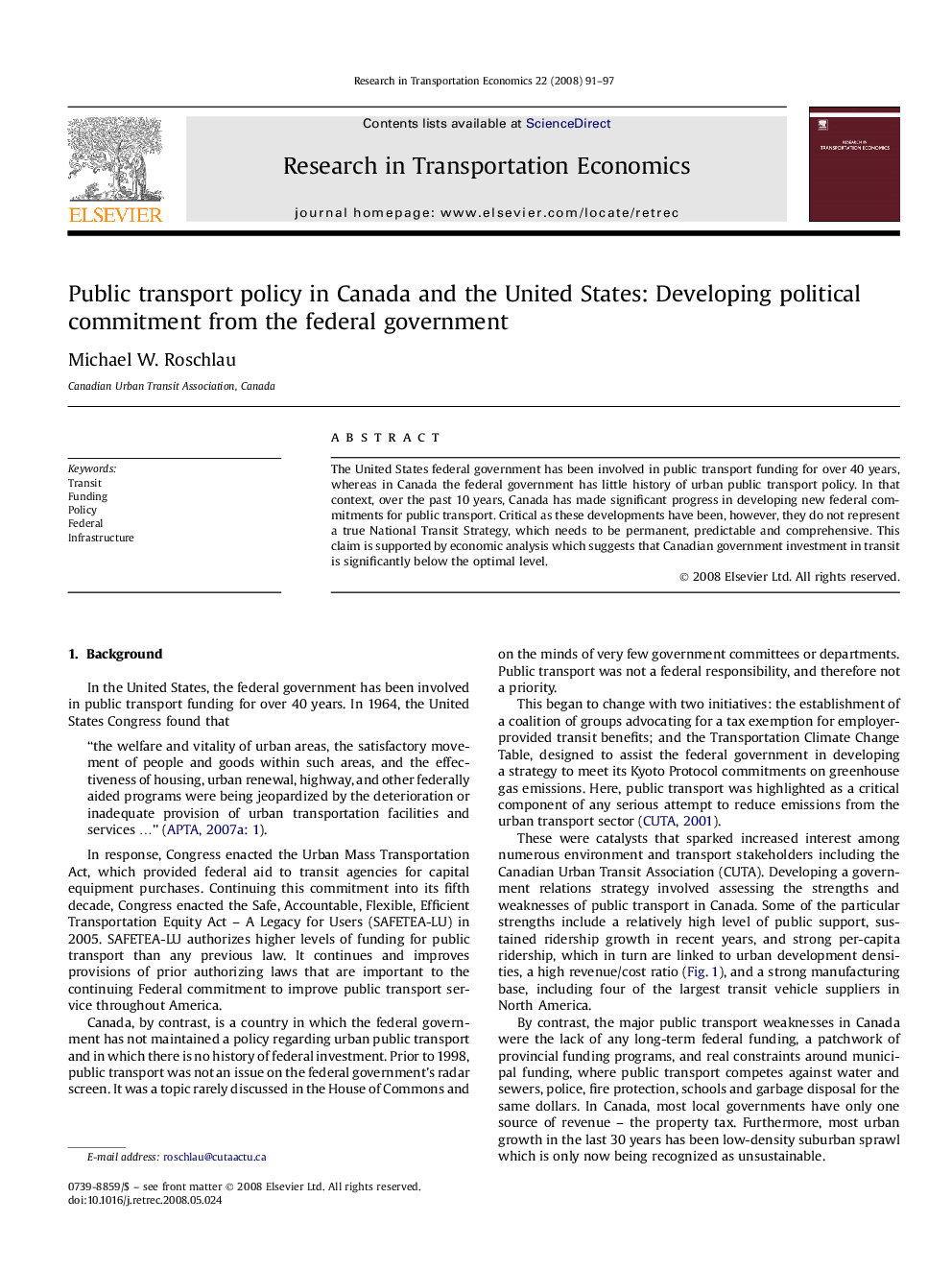 Public transport policy in Canada and the United States: Developing political commitment from the federal government