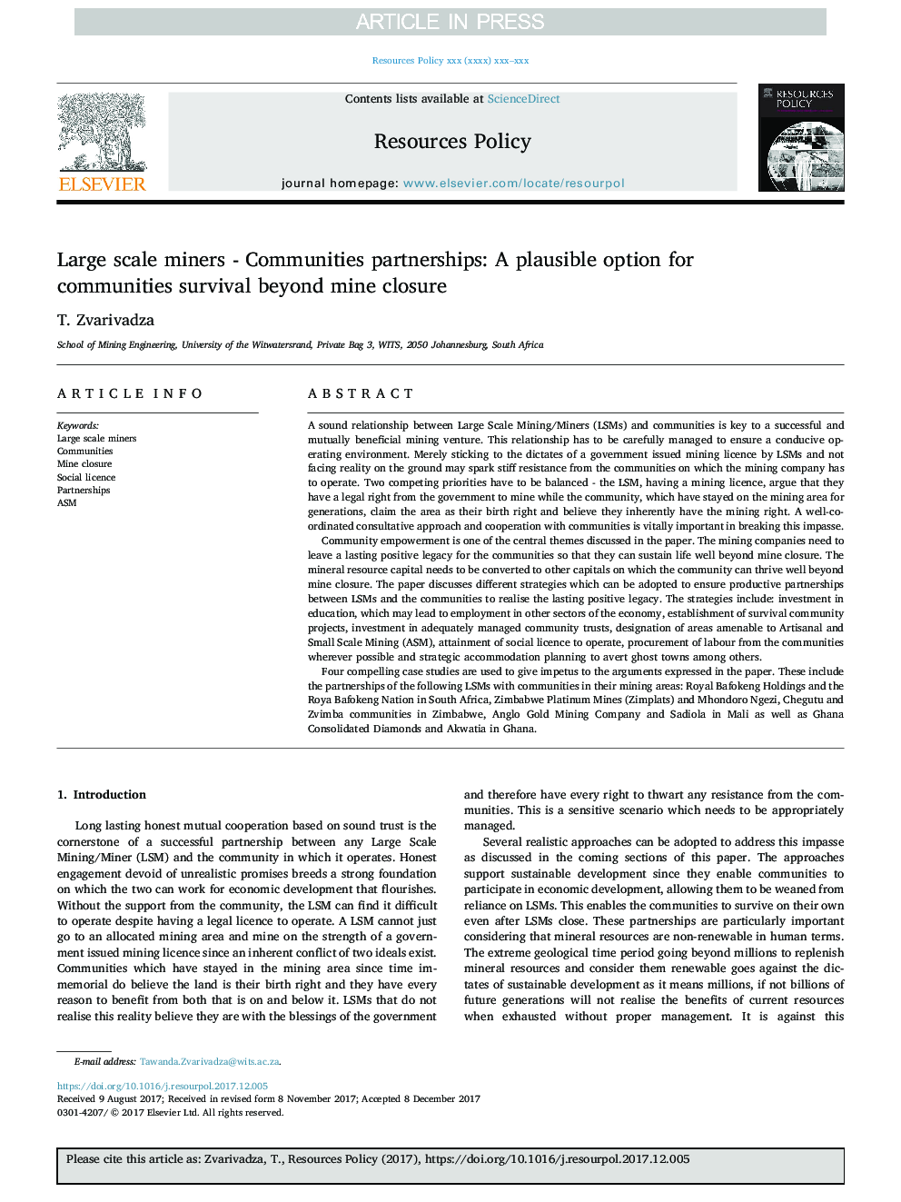 Large scale miners - Communities partnerships: A plausible option for communities survival beyond mine closure