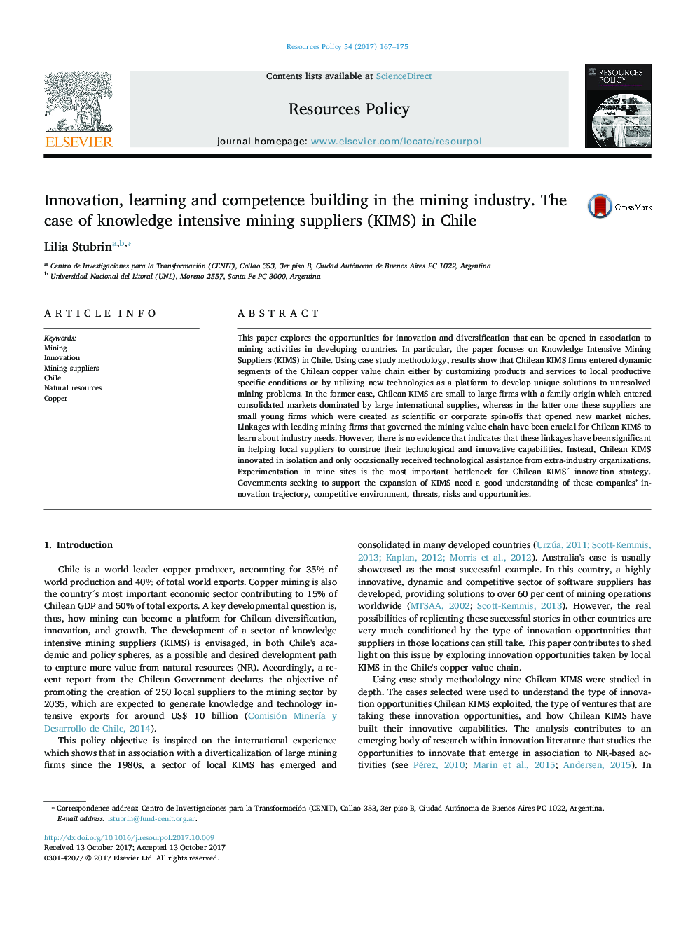 Innovation, learning and competence building in the mining industry. The case of knowledge intensive mining suppliers (KIMS) in Chile