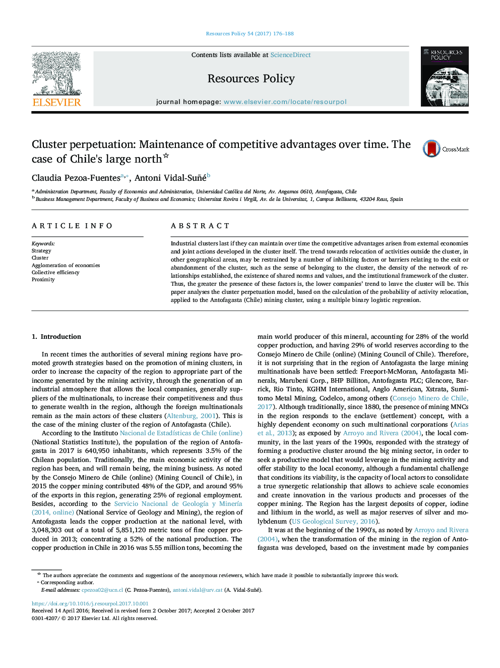 Cluster perpetuation: Maintenance of competitive advantages over time. The case of Chile's large north