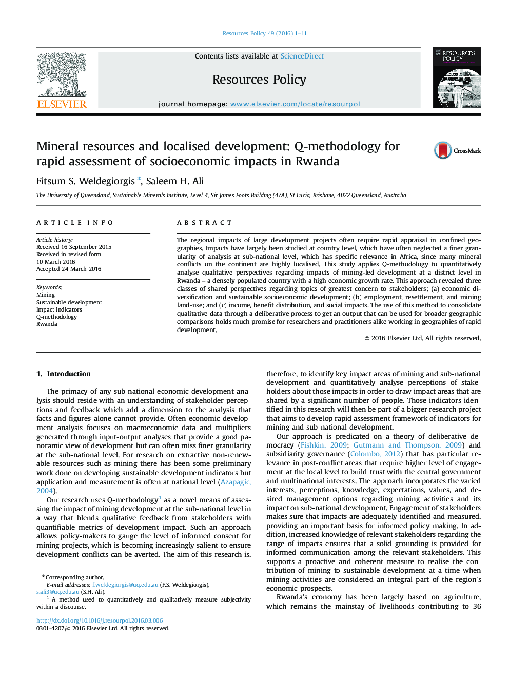 Mineral resources and localised development: Q-methodology for rapid assessment of socioeconomic impacts in Rwanda