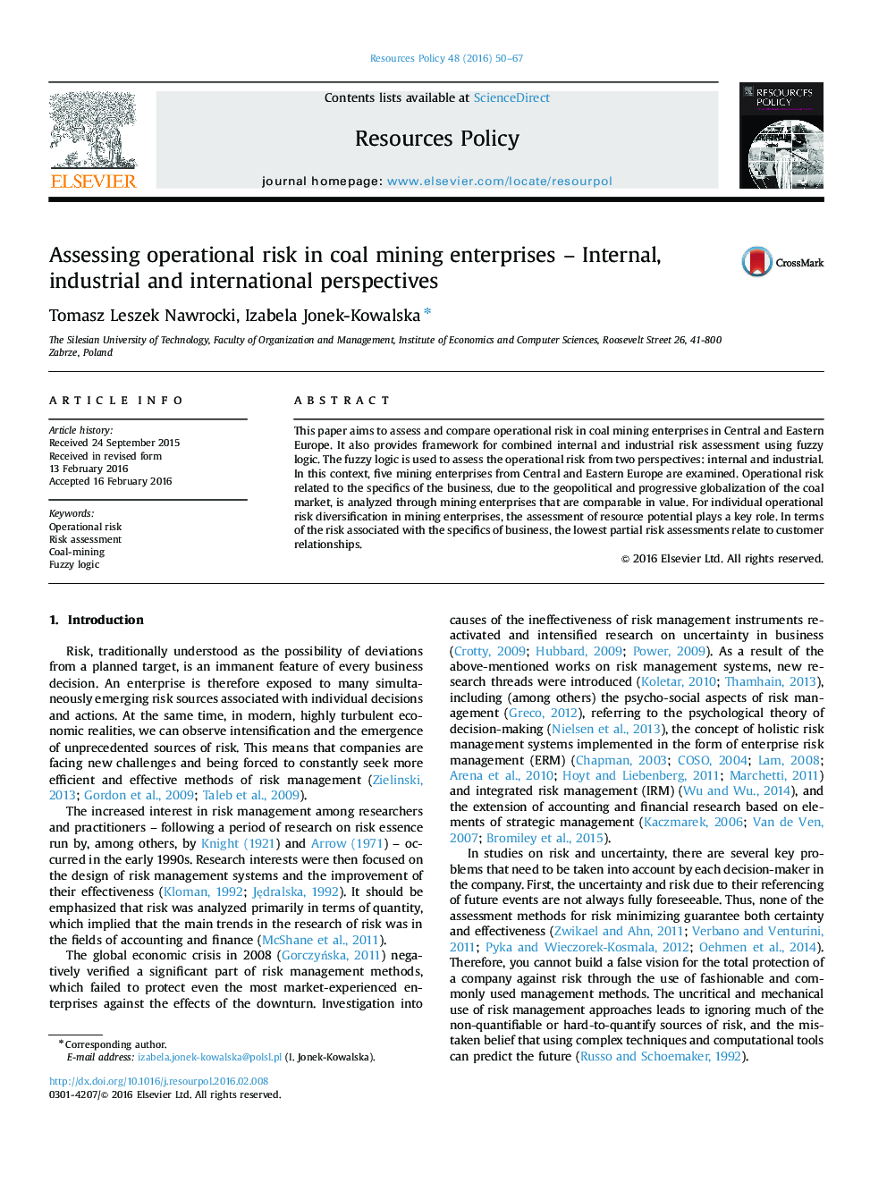 Assessing operational risk in coal mining enterprises - Internal, industrial and international perspectives