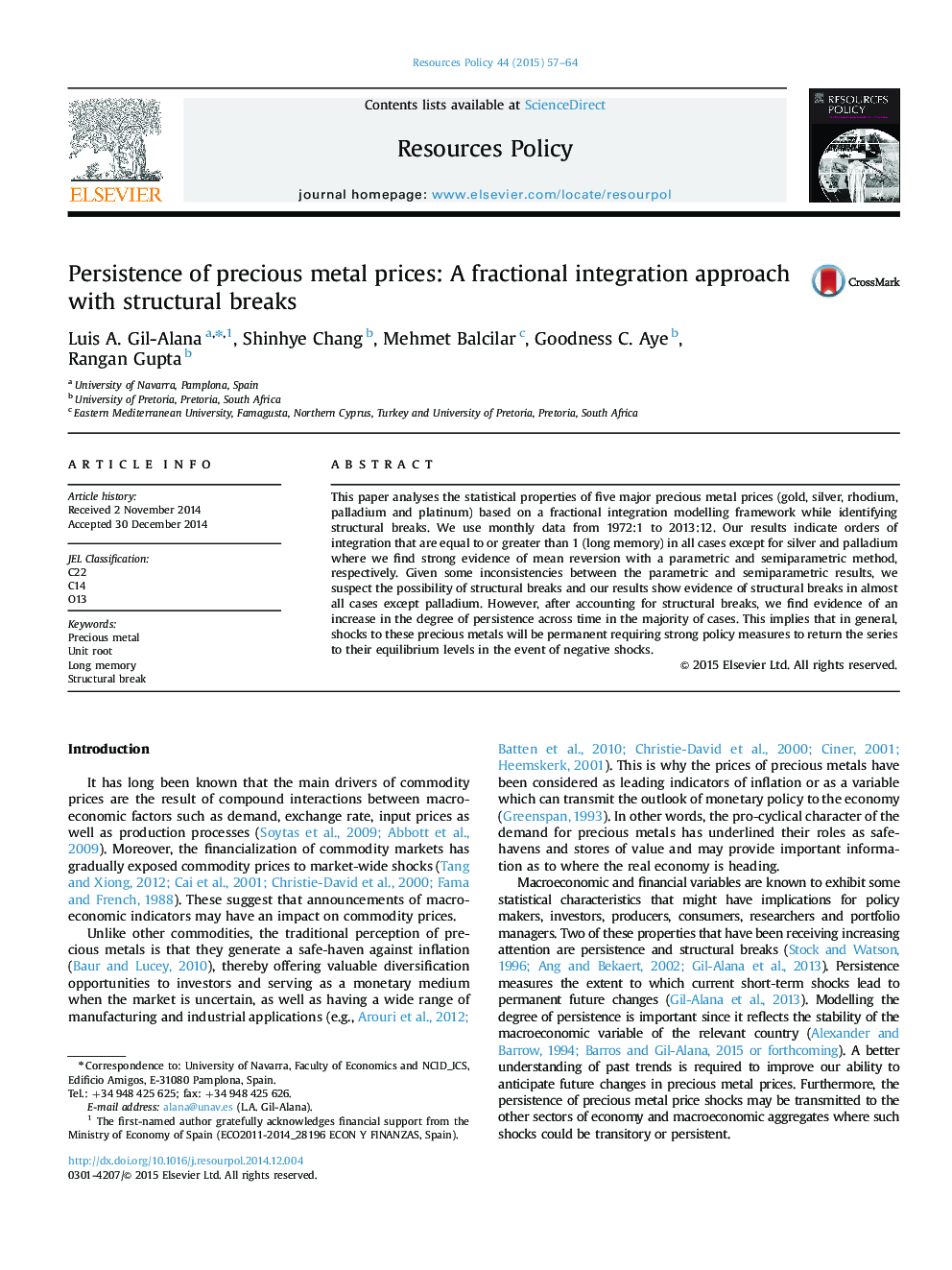 Persistence of precious metal prices: A fractional integration approach with structural breaks