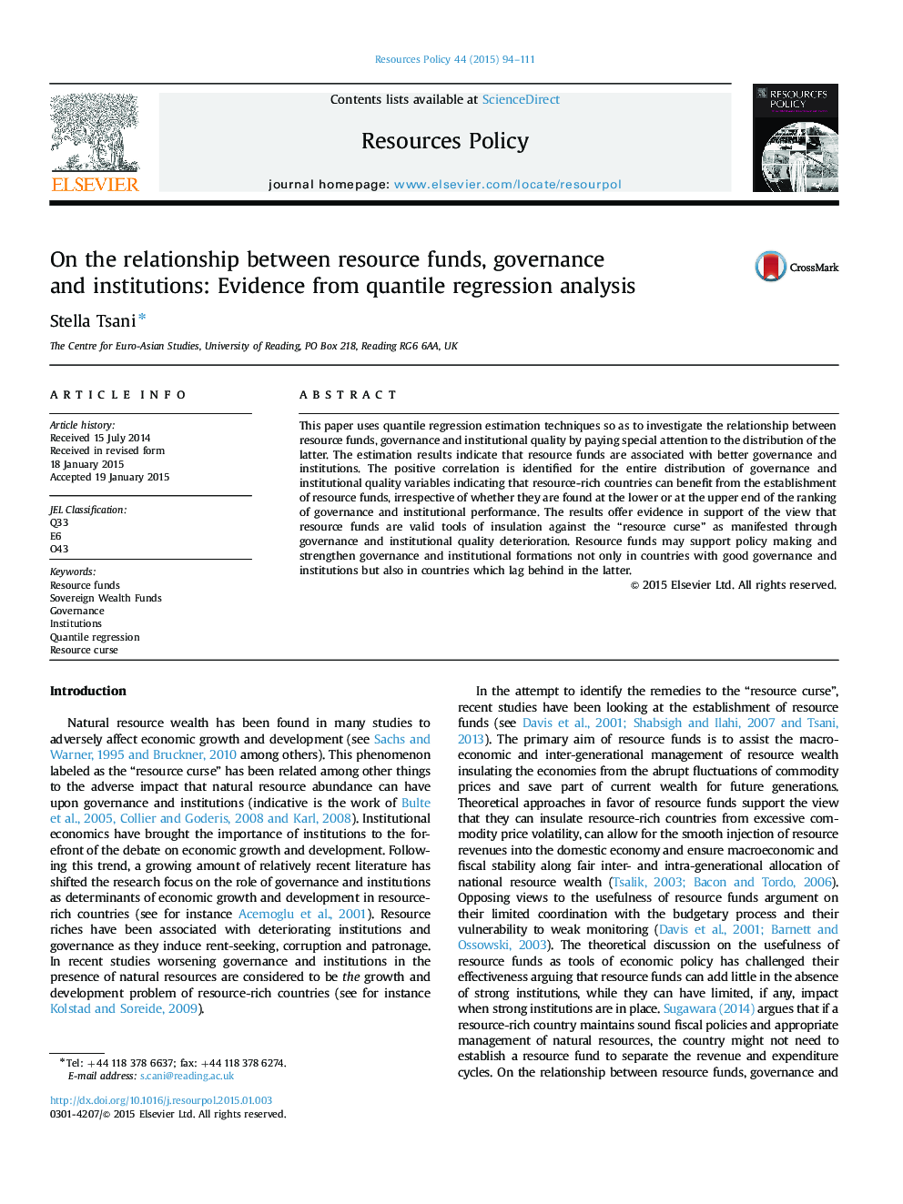 On the relationship between resource funds, governance and institutions: Evidence from quantile regression analysis