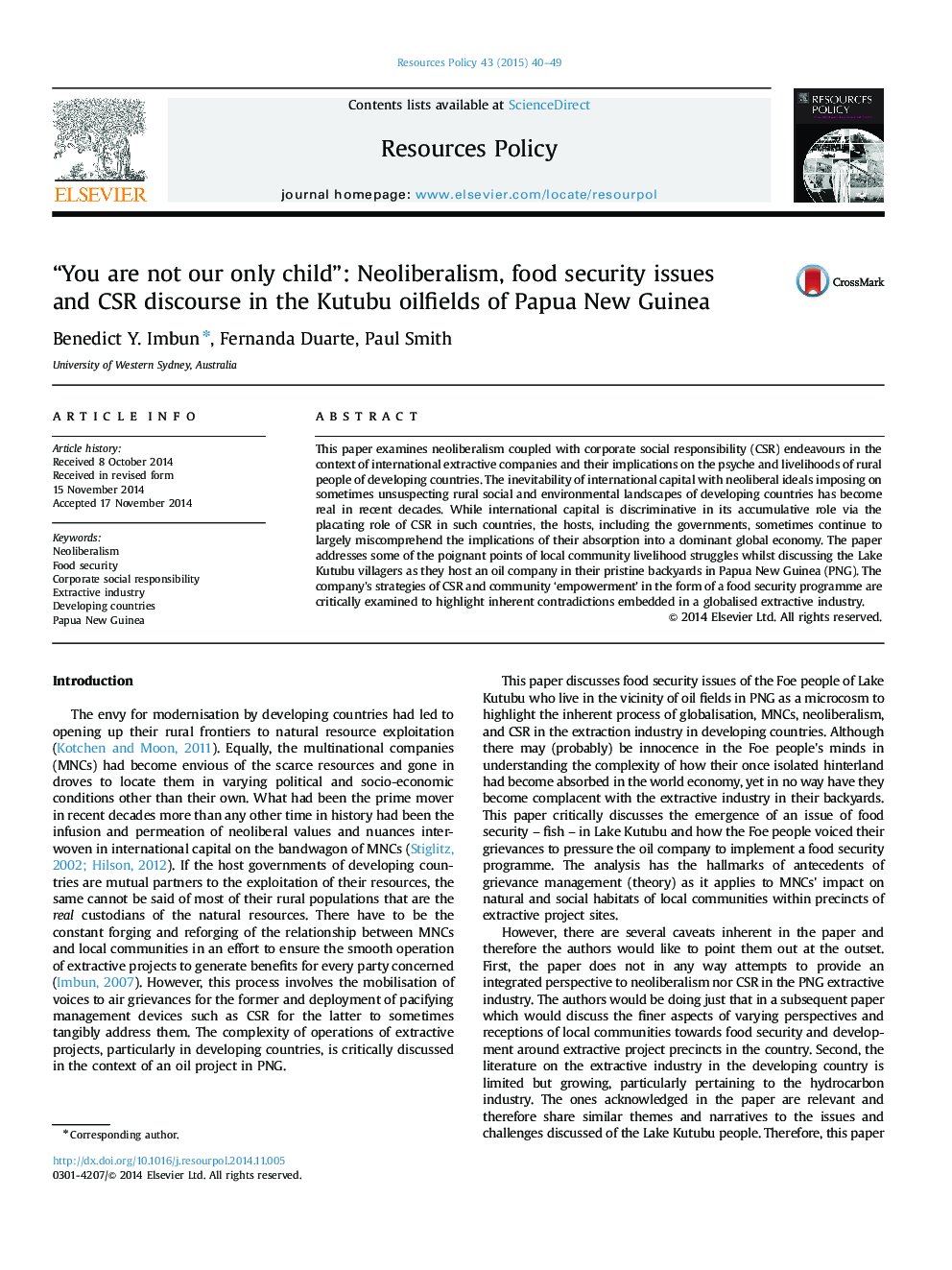 “You are not our only child”: Neoliberalism, food security issues and CSR discourse in the Kutubu oilfields of Papua New Guinea