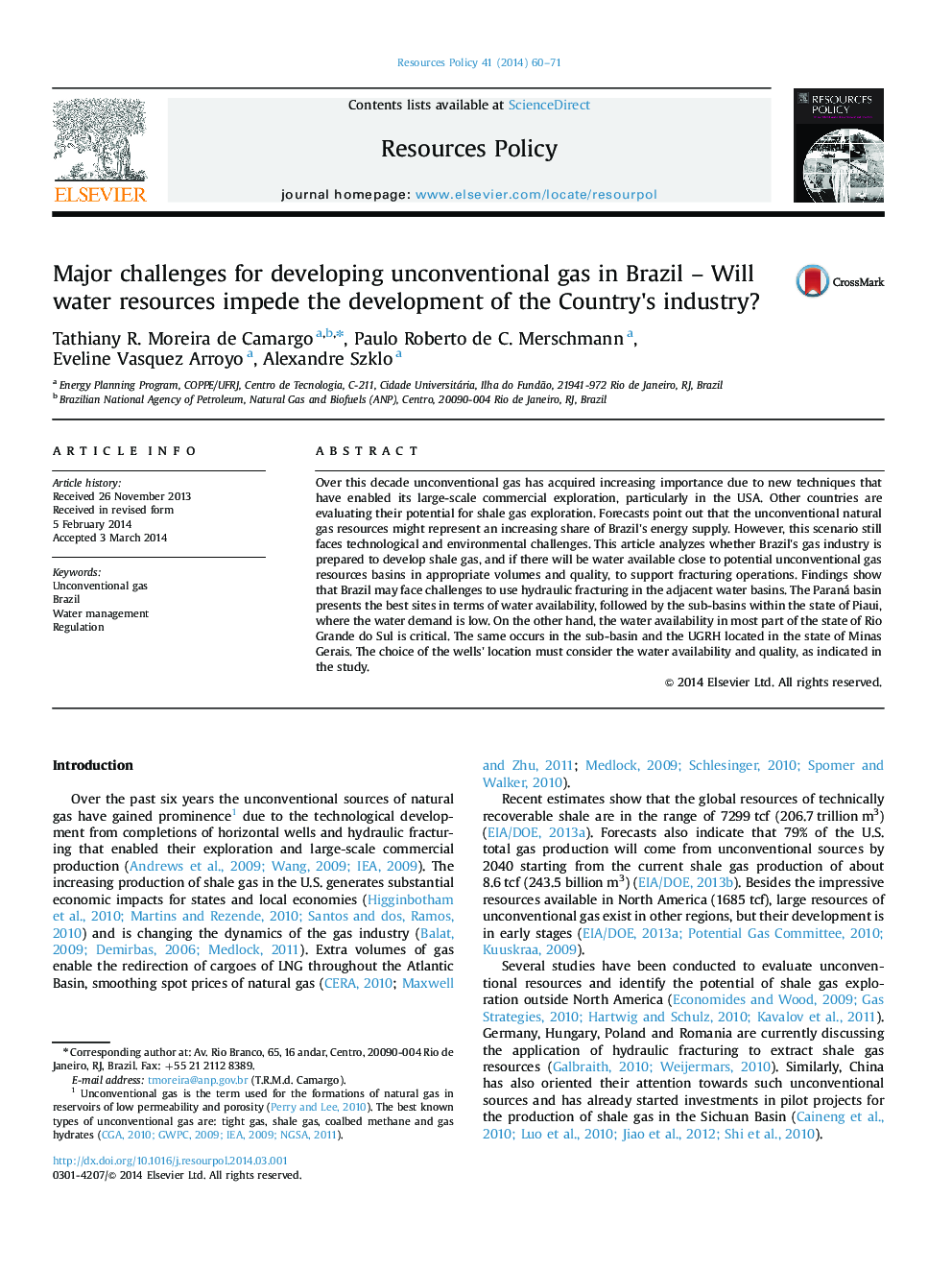 Major challenges for developing unconventional gas in Brazil - Will water resources impede the development of the Country×³s industry?