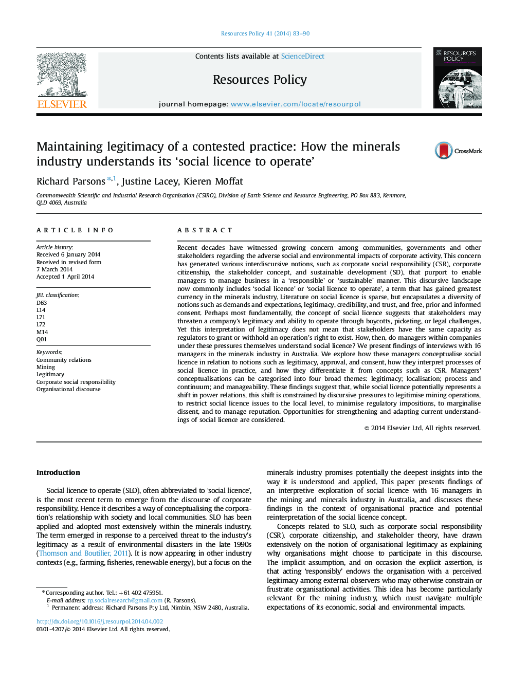 Maintaining legitimacy of a contested practice: How the minerals industry understands its 'social licence to operate'