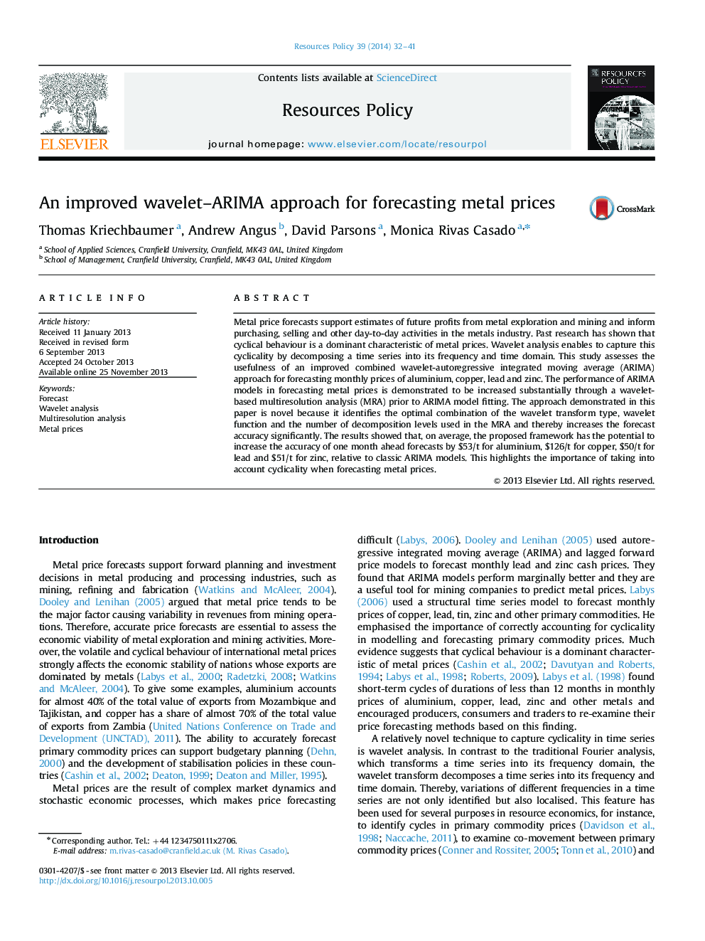 An improved wavelet-ARIMA approach for forecasting metal prices