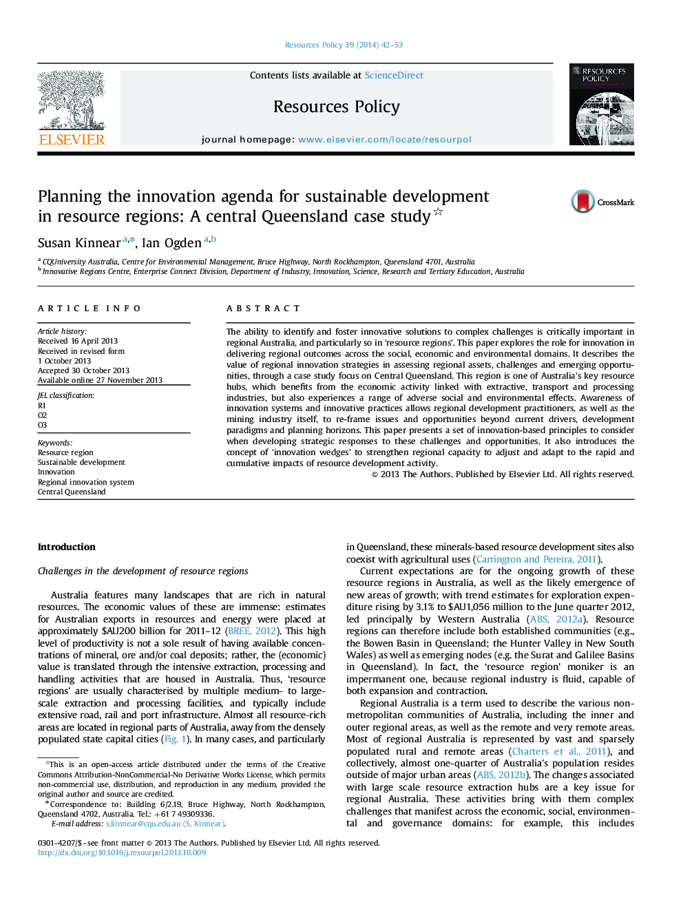 Planning the innovation agenda for sustainable development in resource regions: A central Queensland case study