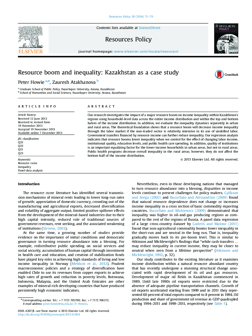 Resource boom and inequality: Kazakhstan as a case study