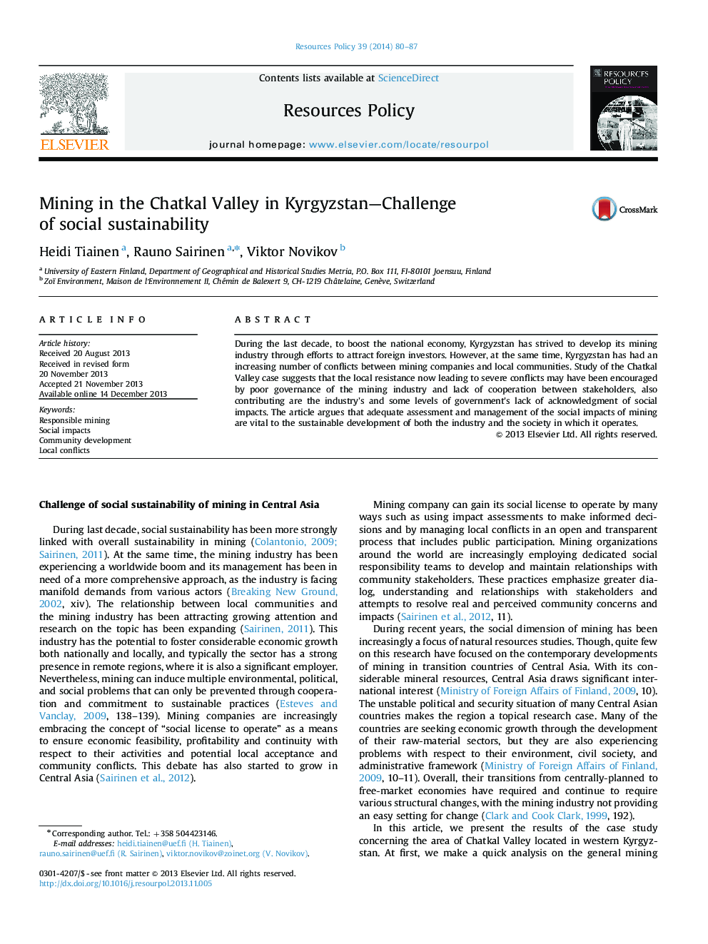 Mining in the Chatkal Valley in Kyrgyzstan-Challenge of social sustainability