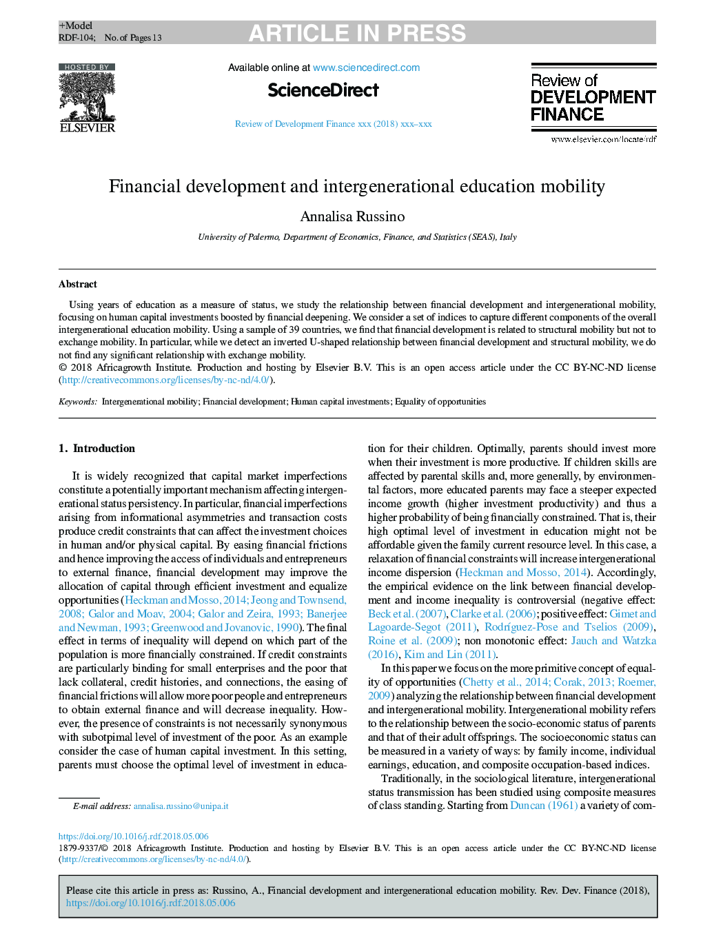 Financial development and intergenerational education mobility