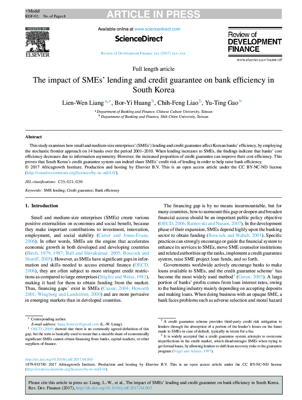 The impact of SMEs' lending and credit guarantee on bank efficiency in South Korea