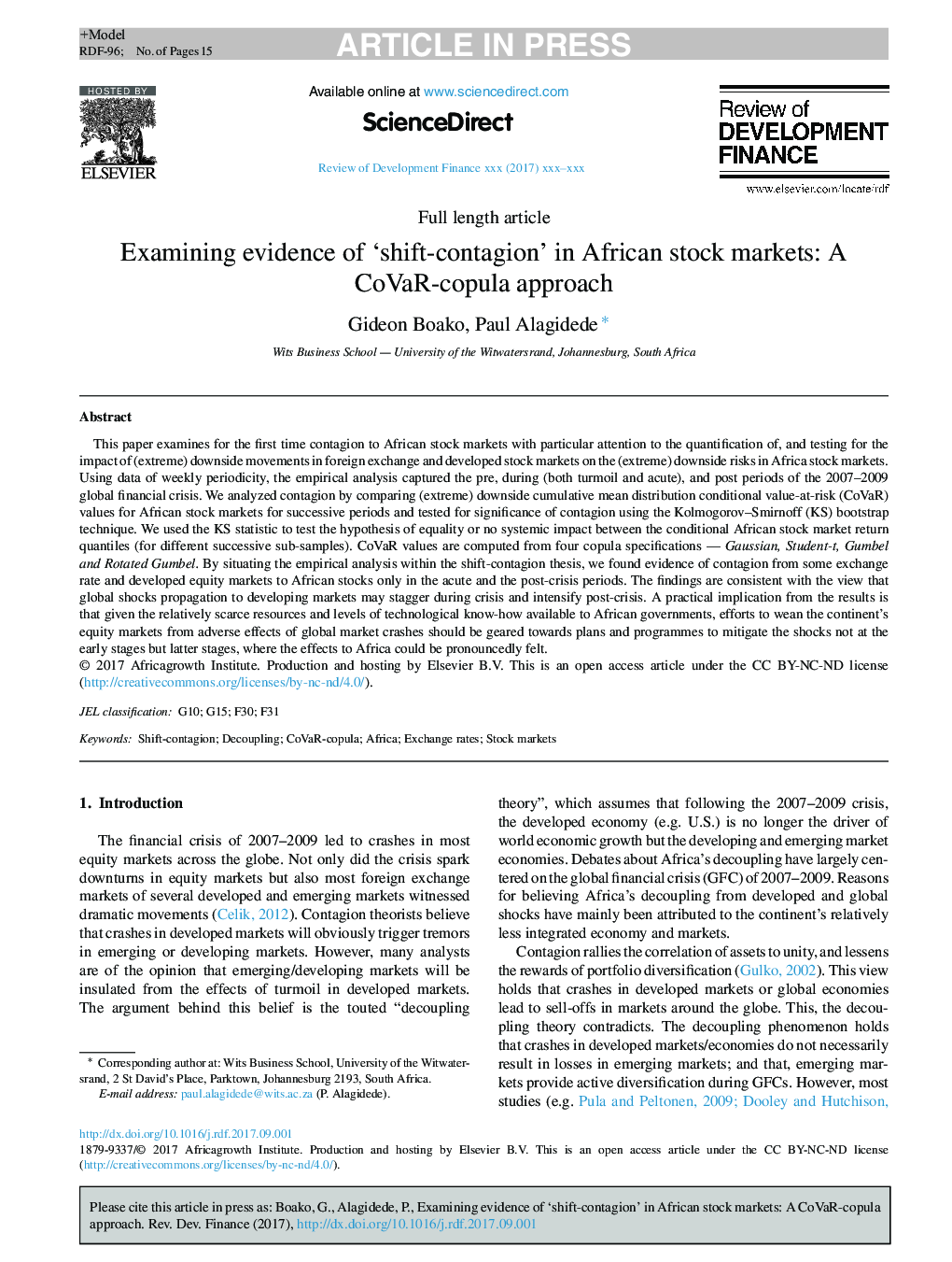 Examining evidence of 'shift-contagion' in African stock markets: A CoVaR-copula approach