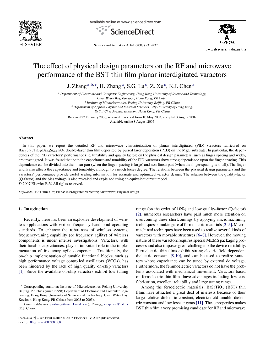 The effect of physical design parameters on the RF and microwave performance of the BST thin film planar interdigitated varactors