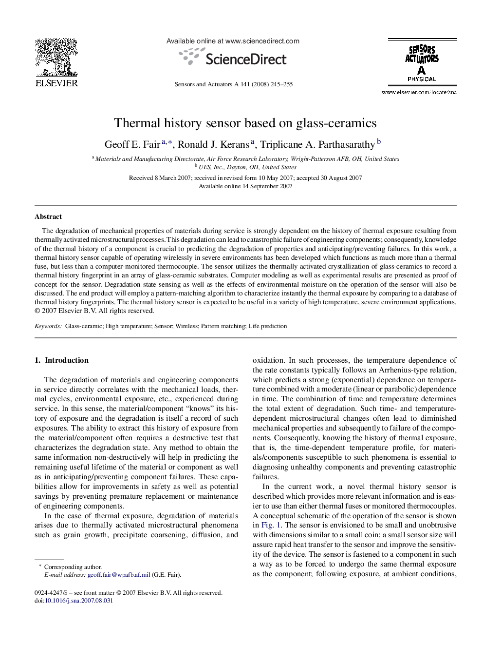 Thermal history sensor based on glass-ceramics