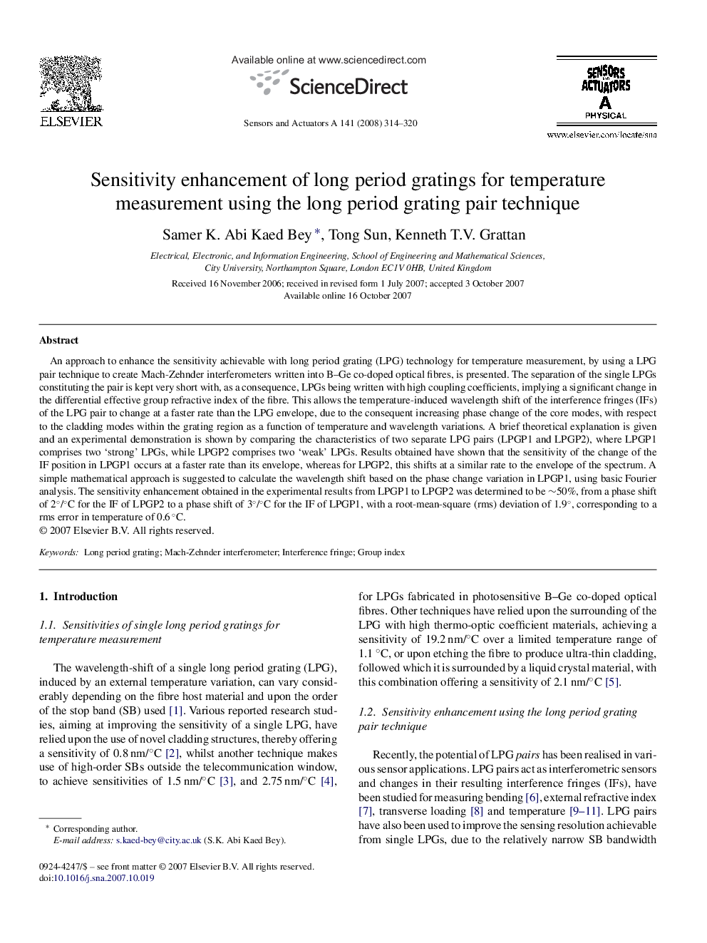 Sensitivity enhancement of long period gratings for temperature measurement using the long period grating pair technique