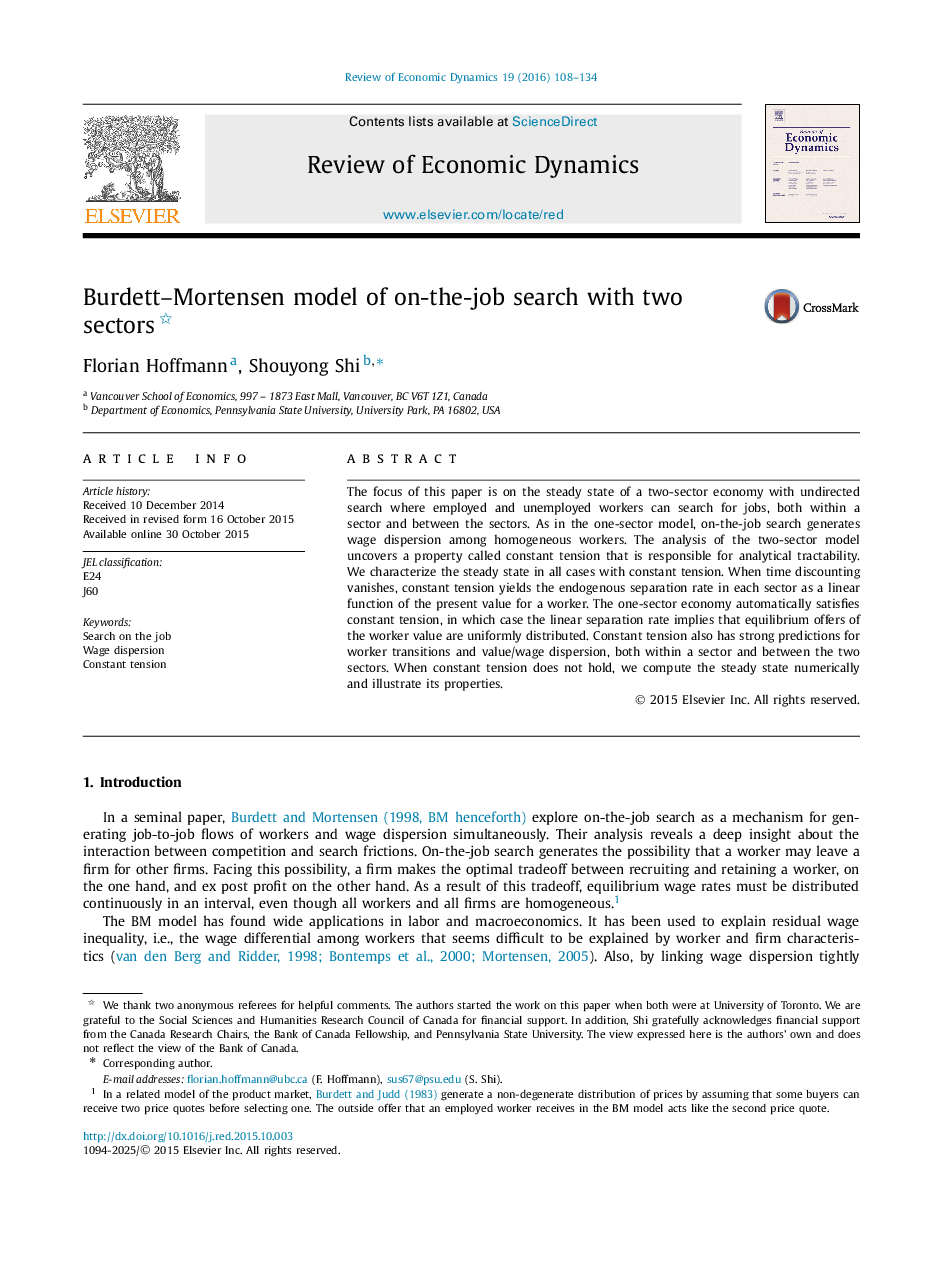 Burdett-Mortensen model of on-the-job search with two sectors