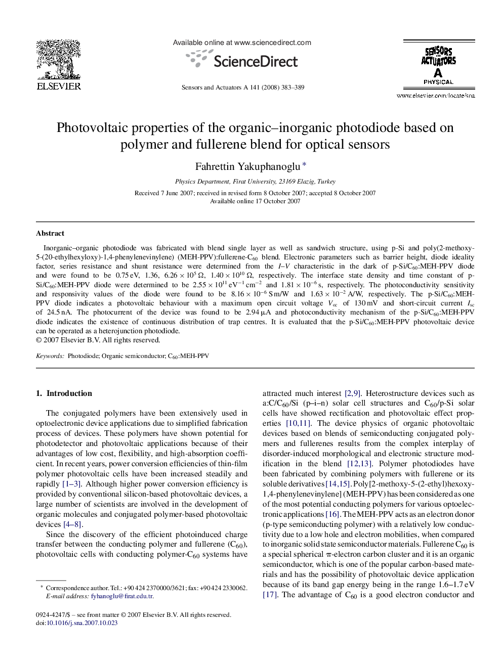 Photovoltaic properties of the organic–inorganic photodiode based on polymer and fullerene blend for optical sensors