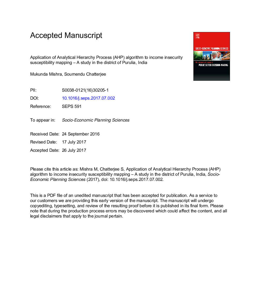 Application of Analytical Hierarchy Process (AHP) algorithm to income insecurity susceptibility mapping - A study in the district of Purulia, India