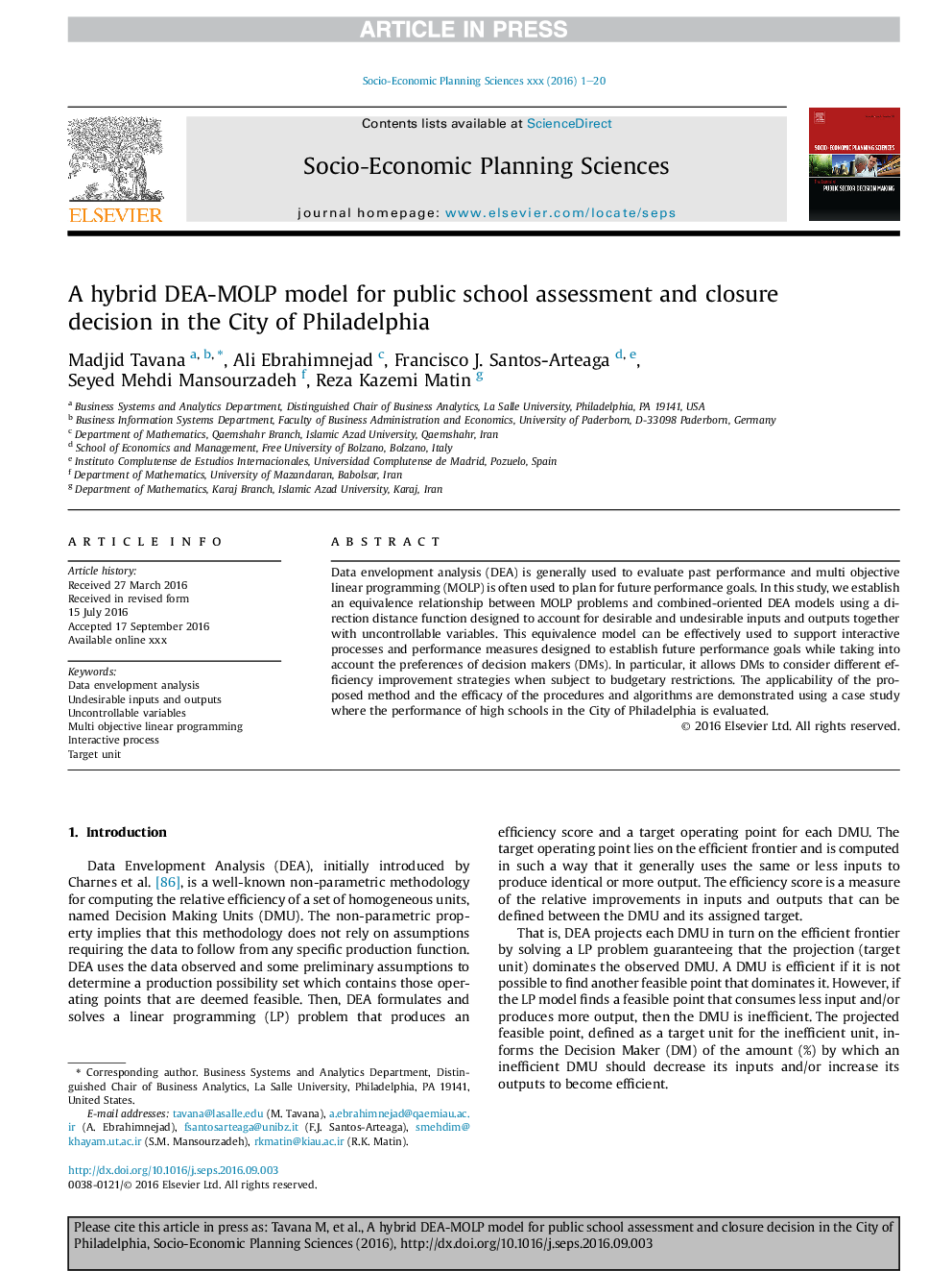 A hybrid DEA-MOLP model for public school assessment and closure decision in the City of Philadelphia
