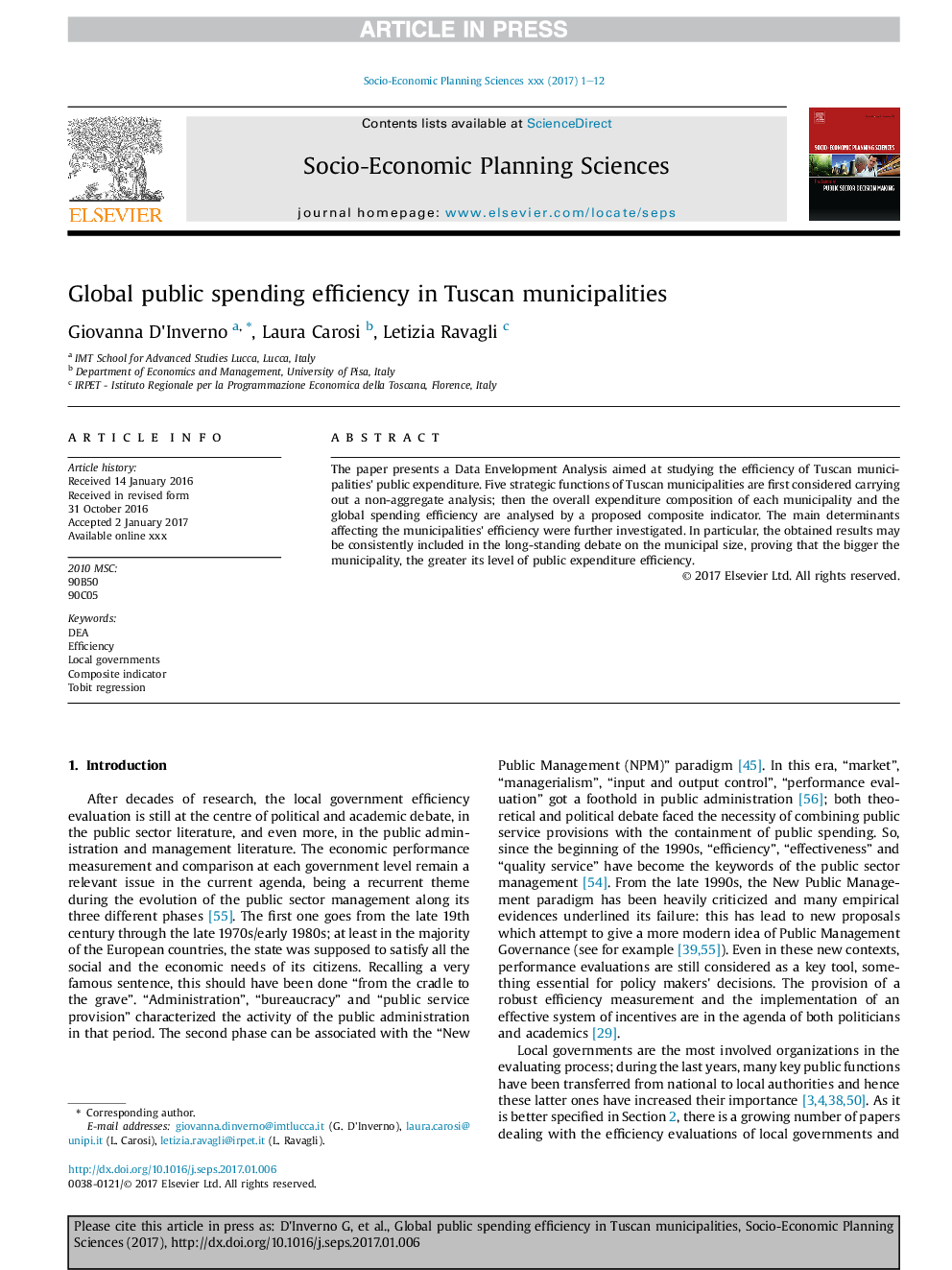 Global public spending efficiency in Tuscan municipalities