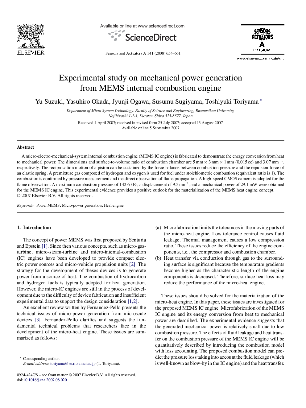 Experimental study on mechanical power generation from MEMS internal combustion engine