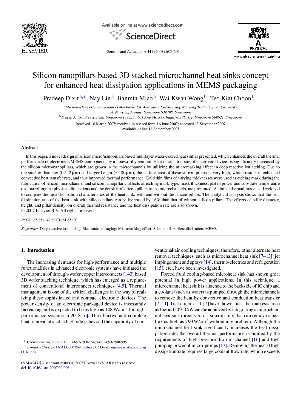 Silicon nanopillars based 3D stacked microchannel heat sinks concept for enhanced heat dissipation applications in MEMS packaging