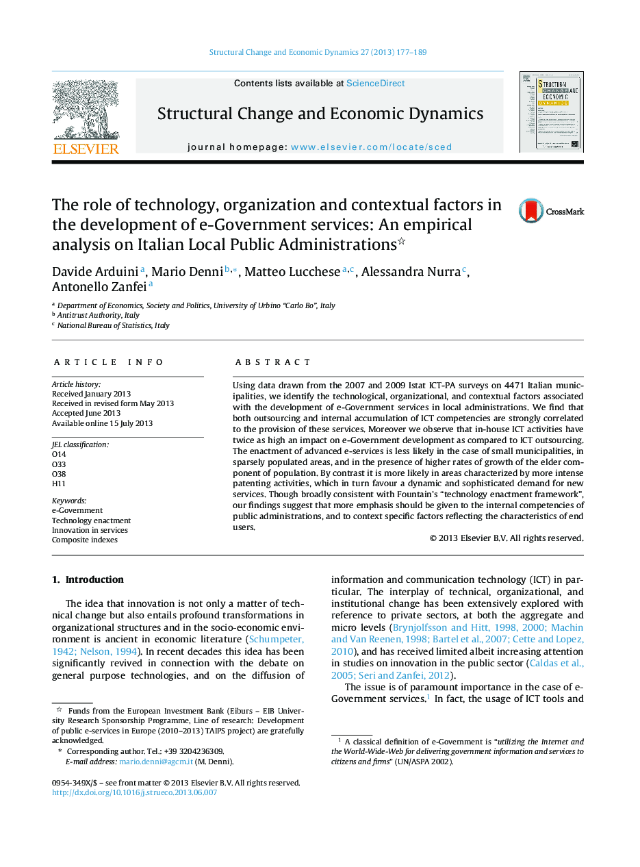 The role of technology, organization and contextual factors in the development of e-Government services: An empirical analysis on Italian Local Public Administrations