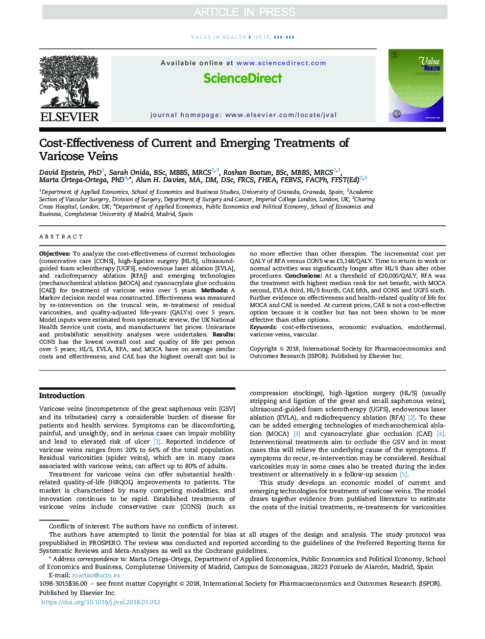 Cost-Effectiveness of Current and Emerging Treatments of Varicose Veins