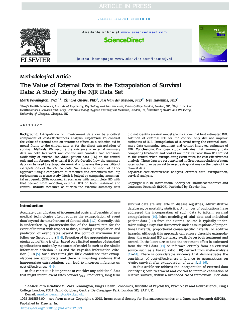 Value of External Data in the Extrapolation of Survival Data: A Study Using the NJR Data Set