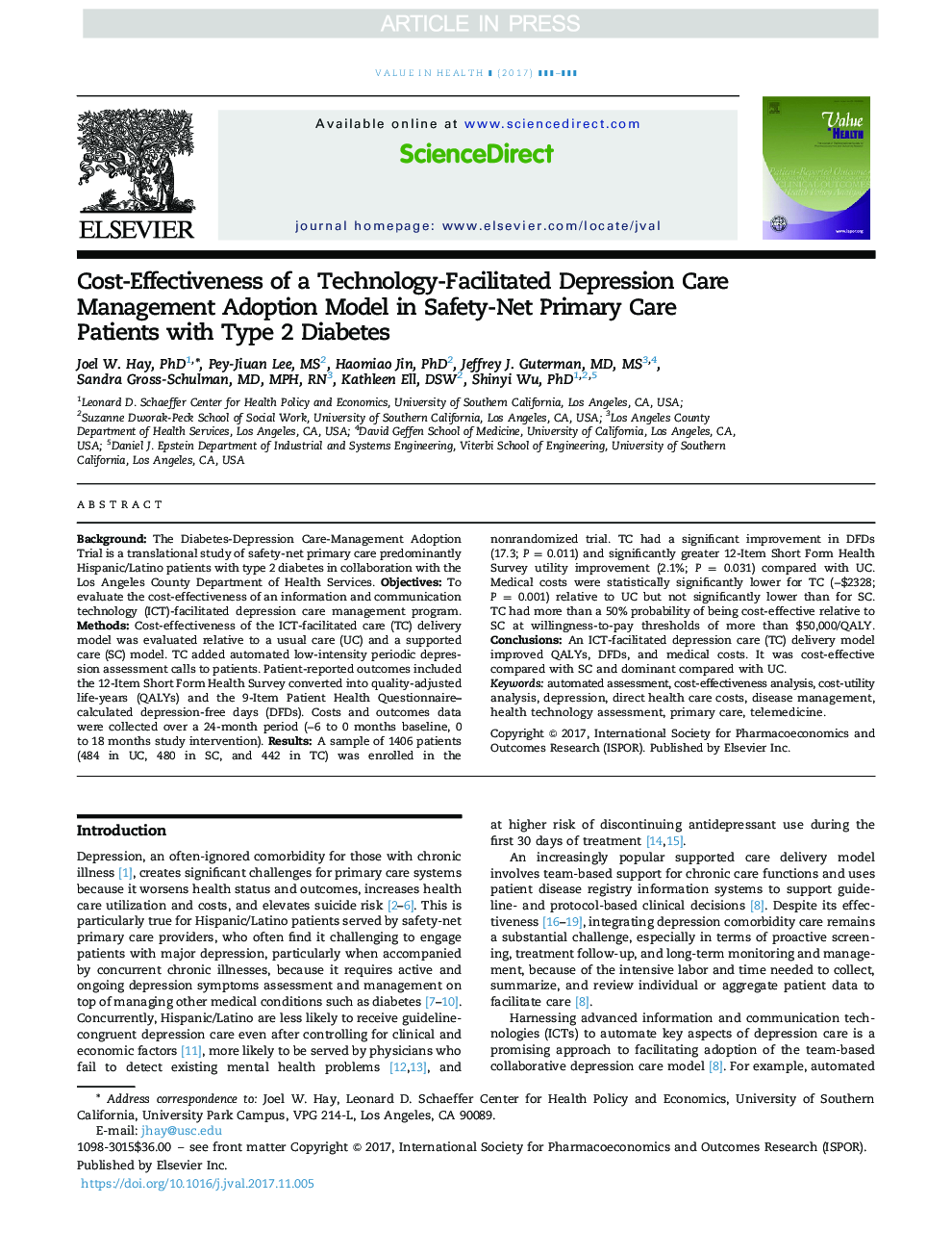 Cost-Effectiveness of a Technology-Facilitated Depression Care Management Adoption Model in Safety-Net Primary Care Patients with Type 2 Diabetes