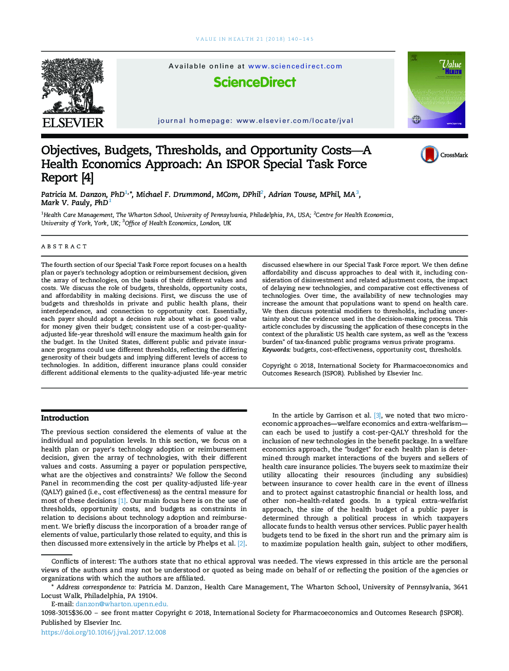 Objectives, Budgets, Thresholds, and Opportunity Costs-A Health Economics Approach: An ISPOR Special Task Force Report [4]