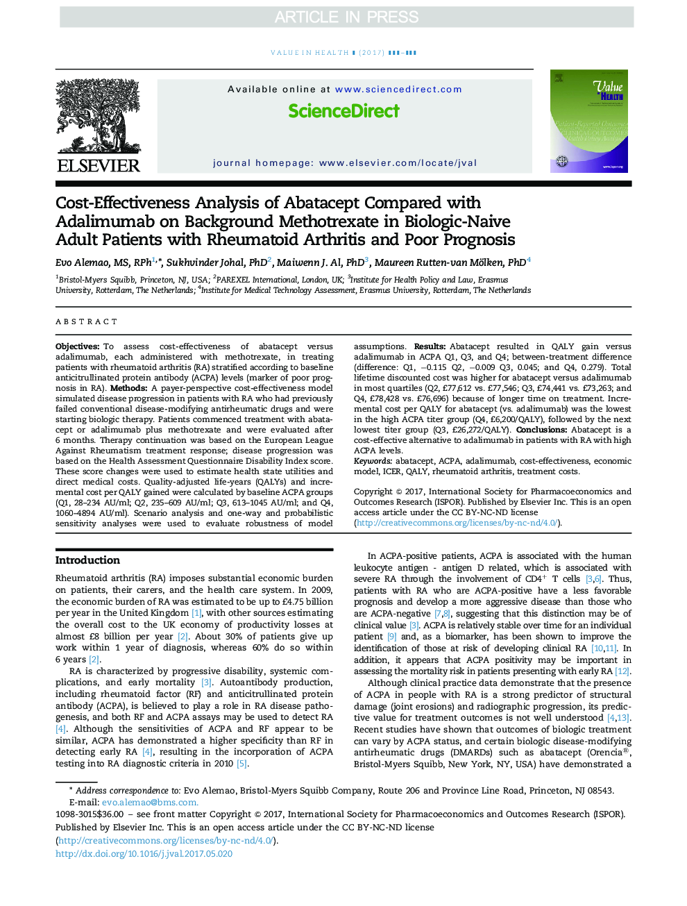 تجزیه و تحلیل هزینه-اثربخشی آباتاسپت در مقایسه با آدالیموآب در پس زمینه متوترکسات در بیماران مبتلا به آرتریت روماتوئید و پیش آگهی ضعیف در بیماران مبتلا به بیولوژیک 