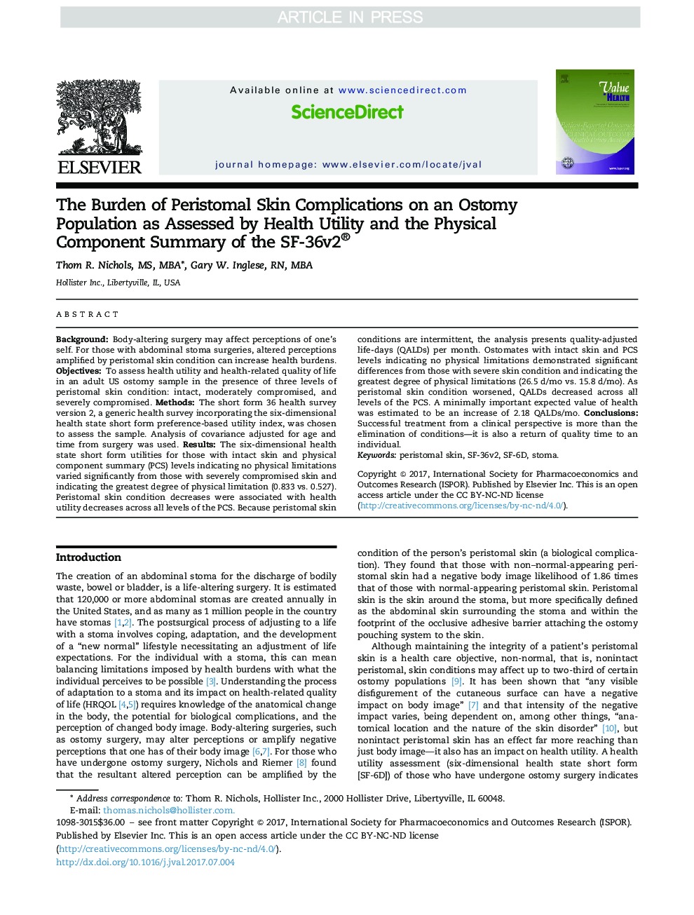 The Burden of Peristomal Skin Complications on an Ostomy Population as Assessed by Health Utility and the Physical Component Summary of the SF-36v2®