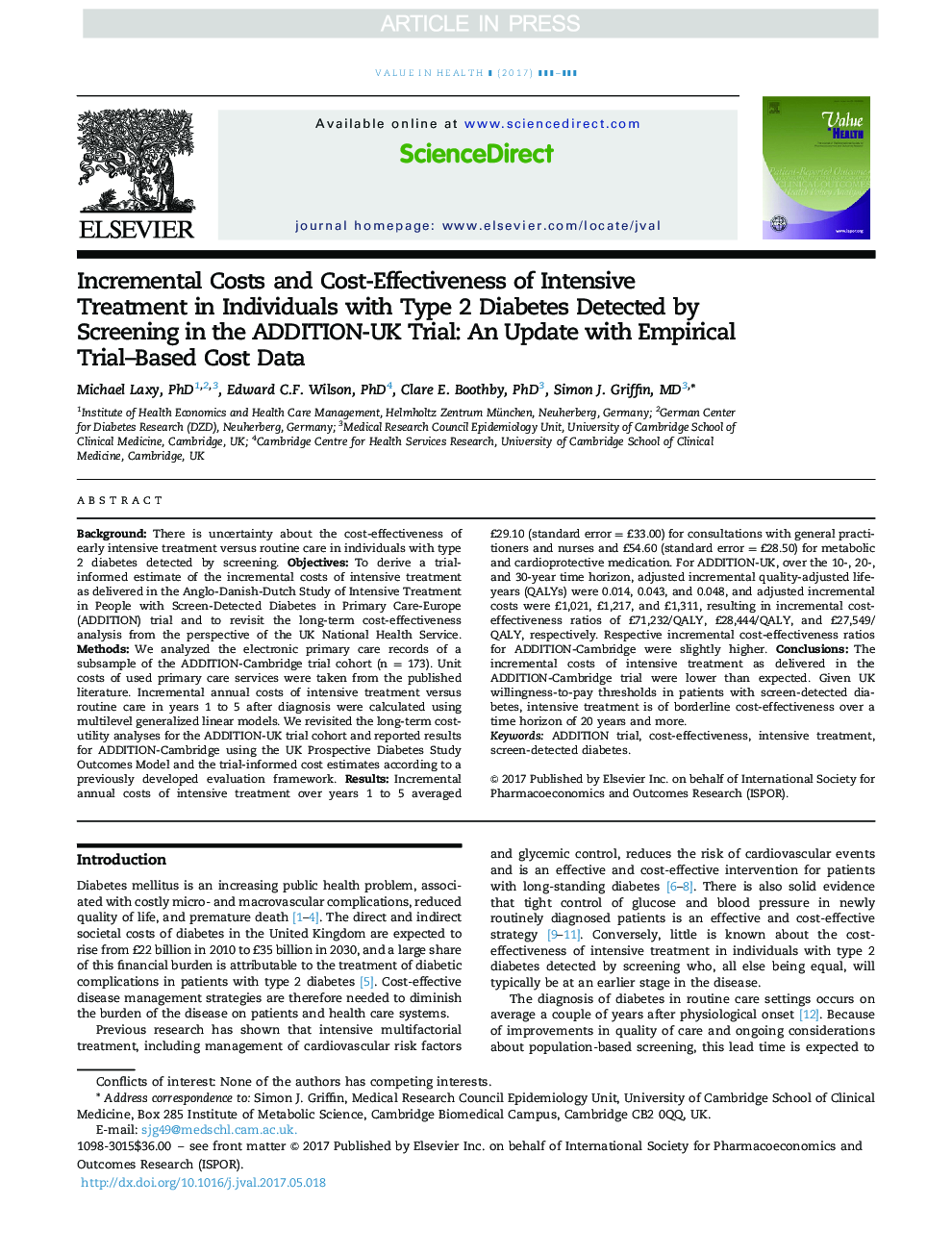 Incremental Costs and Cost Effectiveness of Intensive Treatment in Individuals with Type 2 Diabetes Detected by Screening in the ADDITION-UK Trial: An Update with Empirical Trial-Based Cost Data