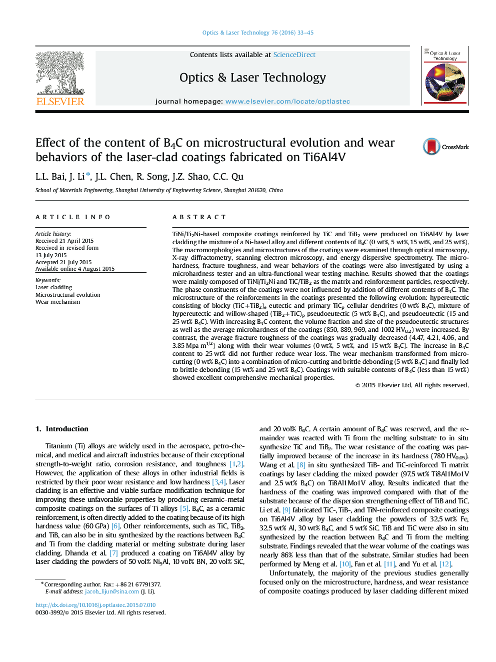 Effect of the content of B4C on microstructural evolution and wear behaviors of the laser-clad coatings fabricated on Ti6Al4V