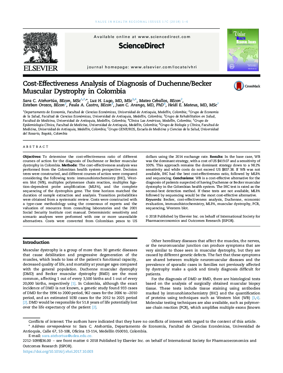 تجزیه و تحلیل هزینه-اثربخشی تشخیص دیستروفی عضلانی دوشن / بکر در کلمبیا 