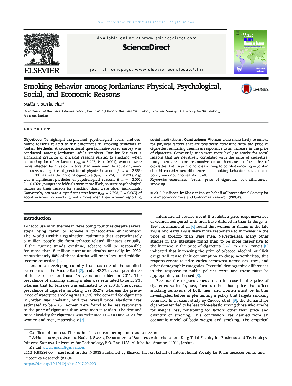 Smoking Behavior among Jordanians: Physical, Psychological, Social, and Economic Reasons