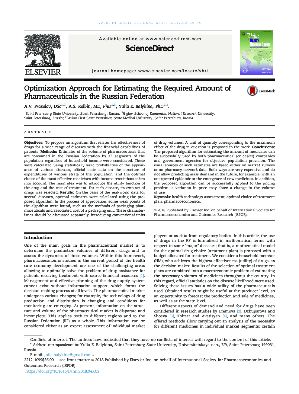 Optimization Approach for Estimating the Required Amount of Pharmaceuticals in the Russian Federation